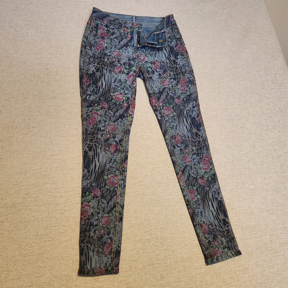 Venus Reversible Skinny Jeans Women Size S Blue Floral Animal Print Mid Rise